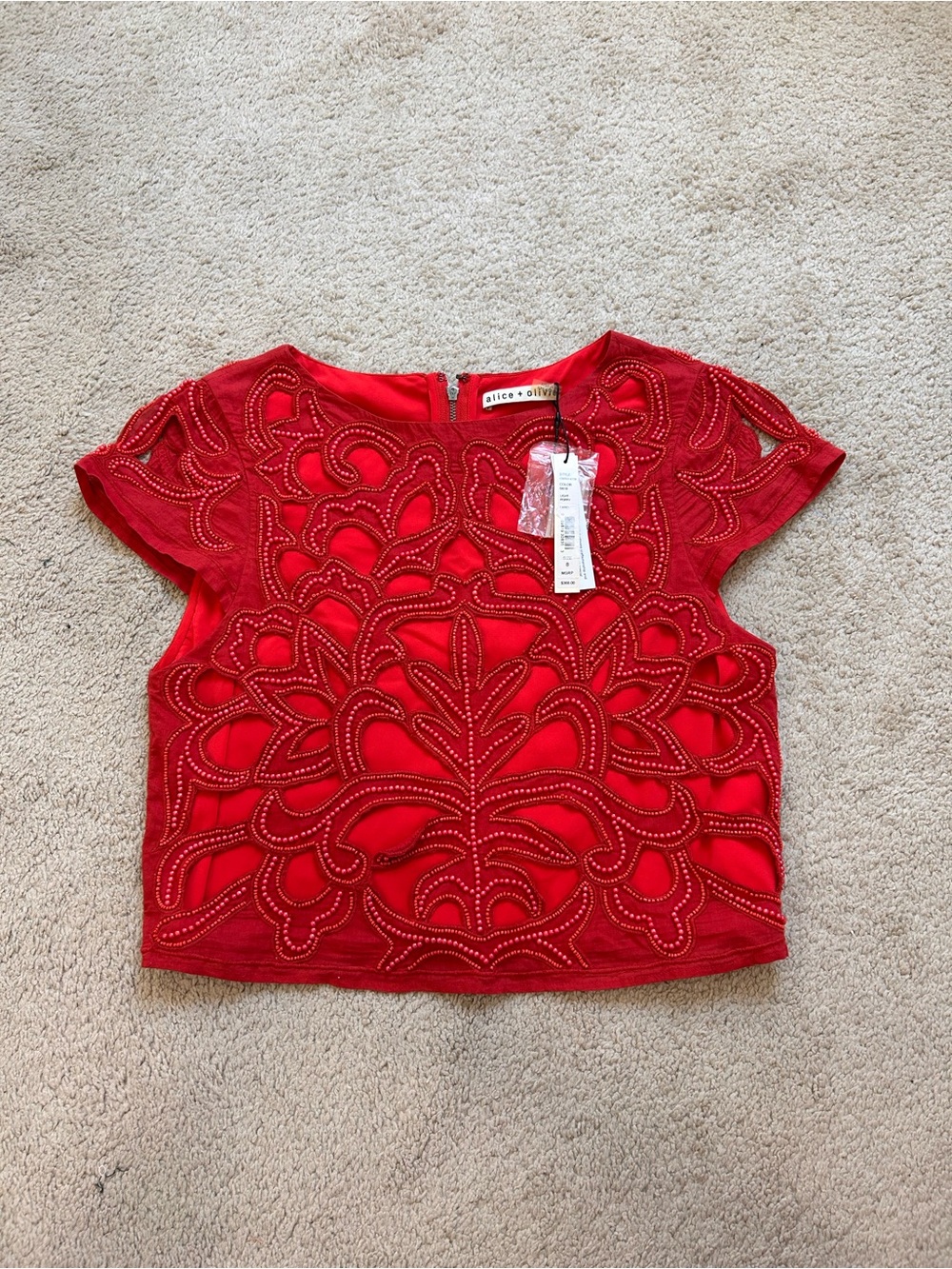 alice + olivia Red Beaded Short Sleeve Top